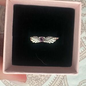 Pandora Angel wing sterling silver ring with phlox pink crystal